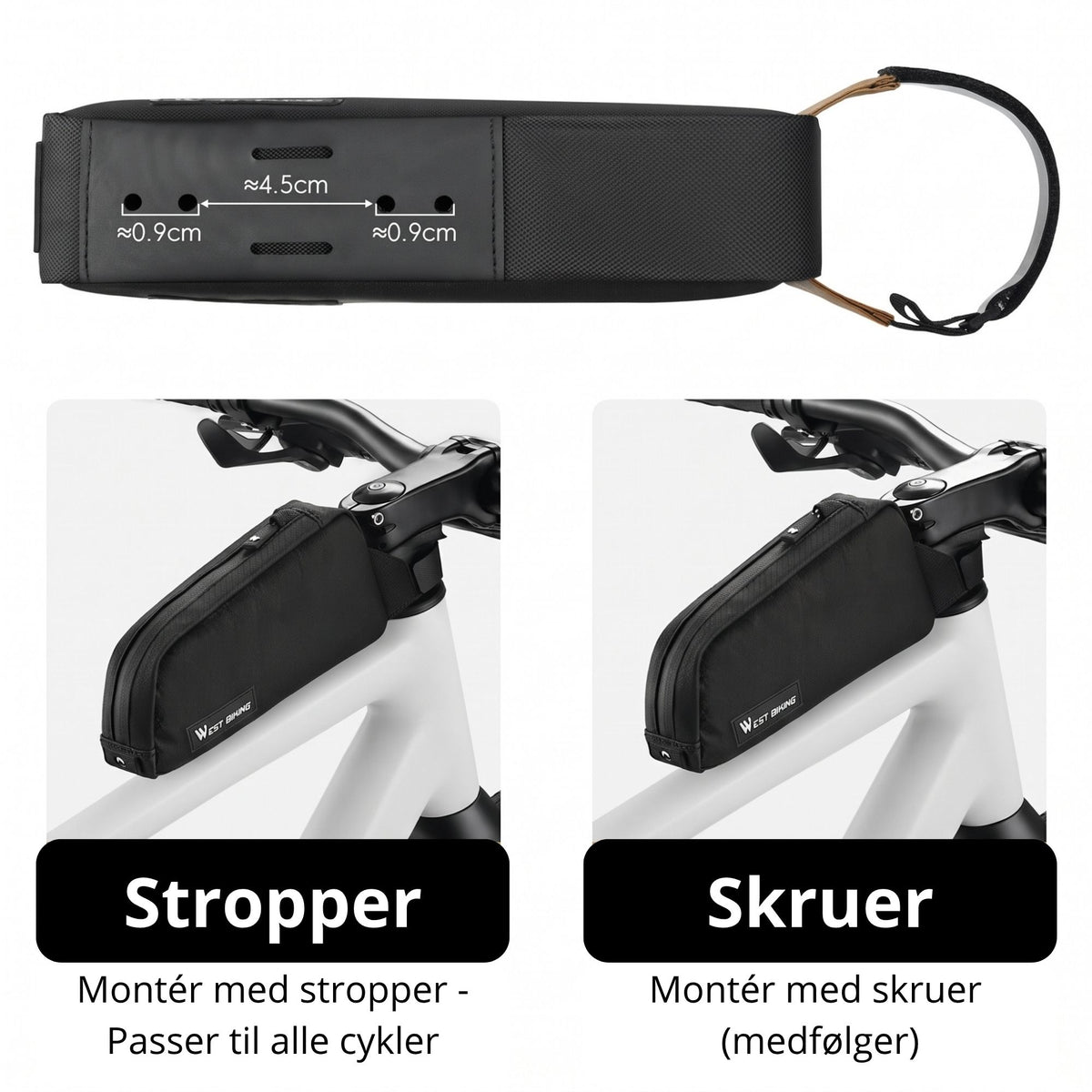 Taske til cykel - Montering med stropper eller skruer